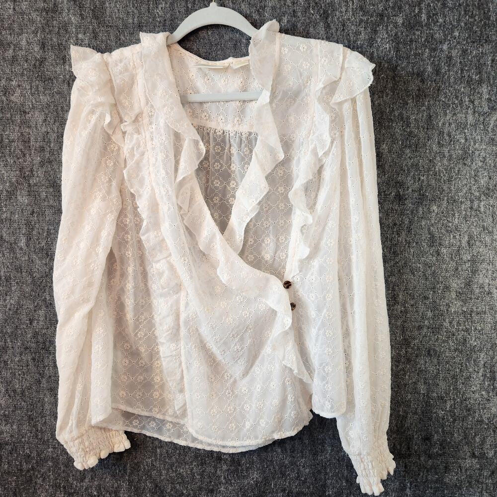 Maeve Anthropologie Ivory Eyelet Ruffle Blouse 14 White Embroidered V-Neck Top